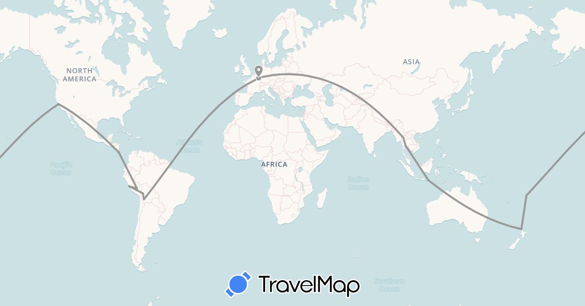 TravelMap itinerary: driving, plane in Bolivia, Costa Rica, Germany, Fiji, Indonesia, Luxembourg, New Zealand, Peru, Thailand, United States (Asia, Europe, North America, Oceania, South America)